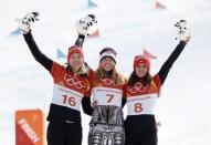 Snowboard - Pyeongchang 2018 Winter Olympics - Women's Parallel Giant Slalom Finals - Phoenix Snow Park - Pyeongchang, South Korea - February 24, 2018 - Silver medallist Selina Joerg of Germany, gold medallist Ester Ledecka of Czech Republic and bronze medallist Ramona Theresia Hofmeister of Germany celebrate. REUTERS/Issei Kato