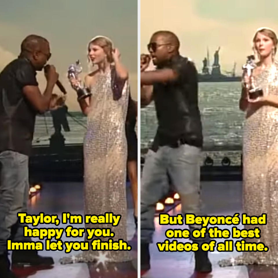 kanye on stage taking the mic from taylor