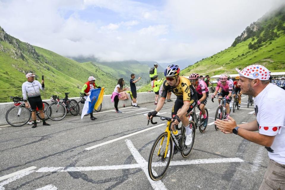 Belgian Wout Van Aert of JumboVisma pictured in action during stage 6 of the Tour de France cycling race a 1449 km race from Tarbes to CauteretsCambasque France Thursday 06 July 2023 This years Tour de France takes place from 01 to 23 July 2023 BELGA PHOTO DIRK WAEM Photo by DIRK WAEM  BELGA MAG  Belga via AFP Photo by DIRK WAEMBELGA MAGAFP via Getty Images