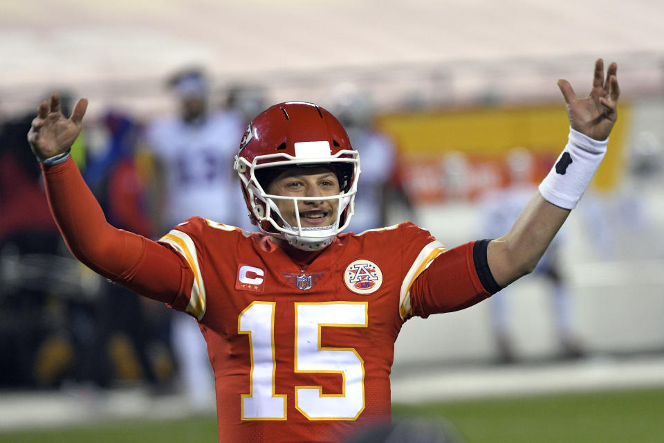 Kansas City Chiefs quarterback Patrick Mahomes celebrates at the end of the AFC championship NFL football game against the Buffalo Bills, Sunday, Jan. 24, 2021, in Kansas City, Mo. The Chiefs won 38-24. (AP Photo/Reed Hoffmann)