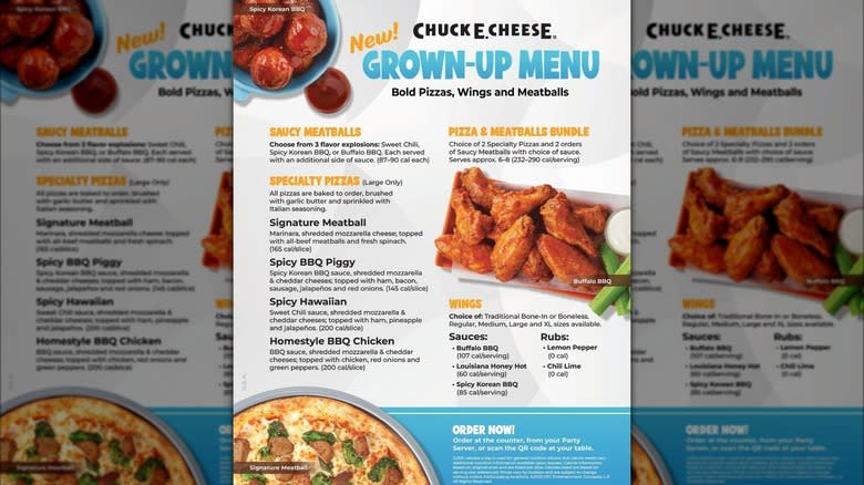 Chuck E. Cheese Grown-Up menu