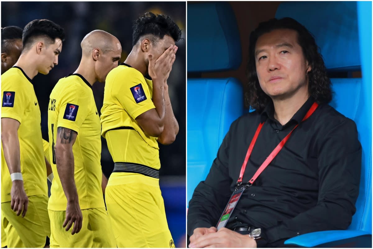 Malaysian players (left) and head coach Kim Pan-gon looking dejected after losing to Bahrain at the 2023 AFC Asian Cup in Doha. (PHOTOS: Getty Images/Facebook)