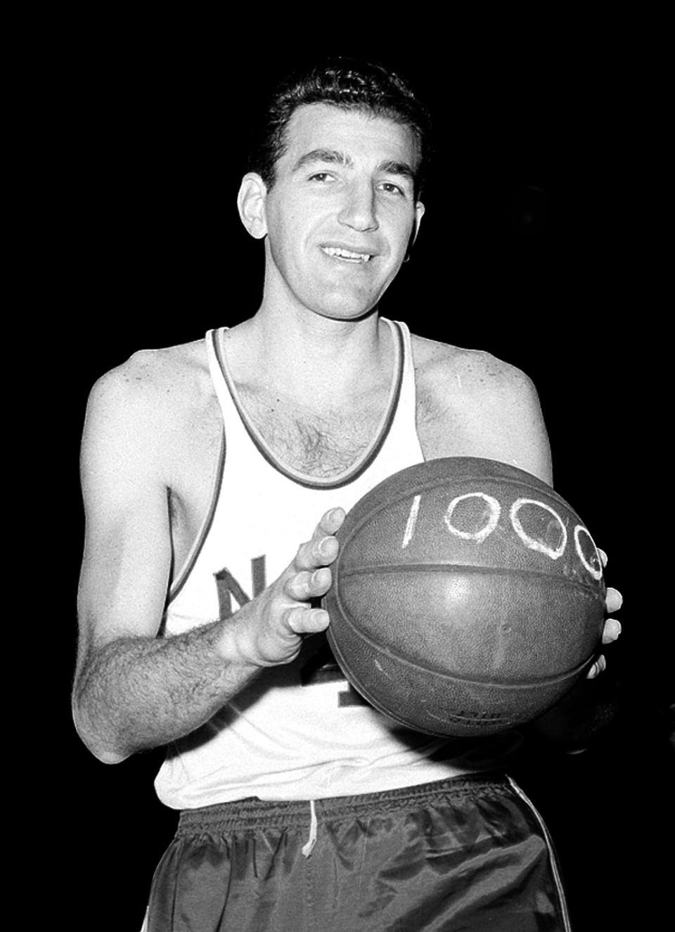 Dolph Schayes, shown in 1963, poses at New York's Madison Square Garden shortly before playing his 1,000th game.