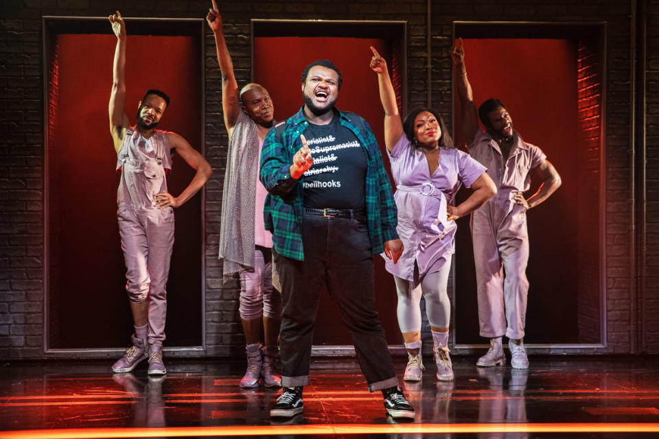 <div class="inline-image__caption"><p>(left to right): Jason Veasey (Thought 5), James Jackson, Jr. (Thought 2), Jaquel Spivey (Usher), L Morgan Lee (Thought 1), Antwayn Hopper (Thought 6) in "A Strange Loop."</p></div> <div class="inline-image__credit">Marc J. Franklin</div>
