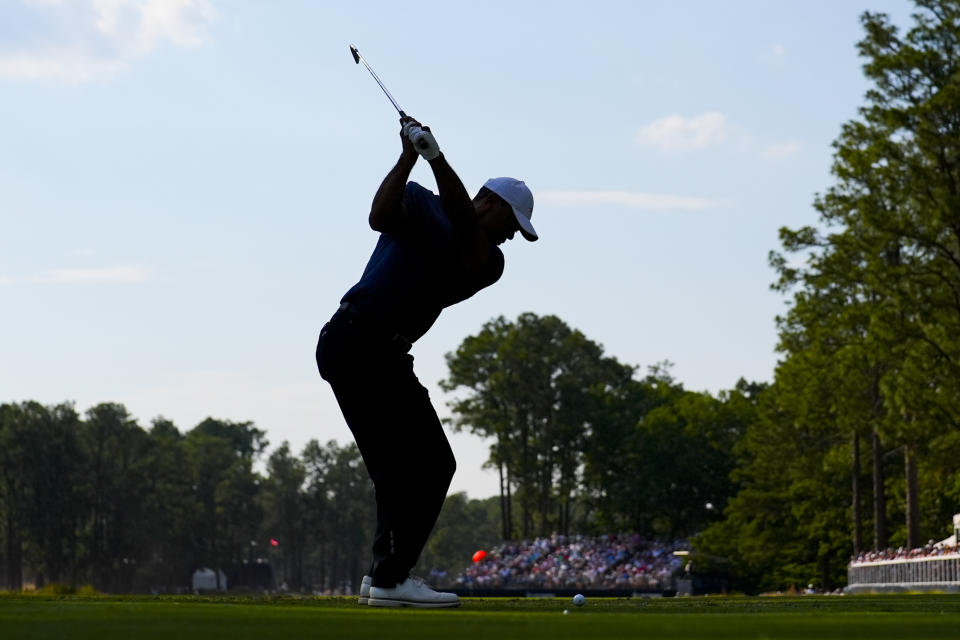 Tiger Woods hits his tee shot on the 15th hole during the second round of the U.S. Open golf tournament Friday, June 14, 2024, in Pinehurst, N.C. (AP Photo/George Walker IV)