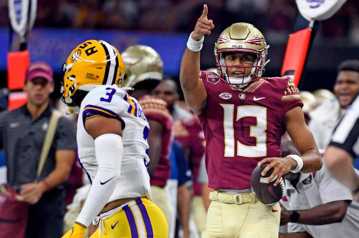 Florida State, Jordan Travis defeated LSU on a blocked extra point kick