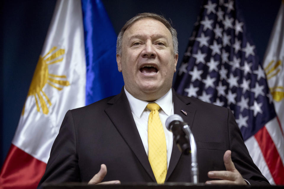 FILE - In this March 1, 2019, file photo, U.S. Secretary of State Mike Pompeo speaks during a news conference with Philippines Foreign Secretary Teodoro Locsin Jr. at the Philippines Department of Foreign Affairs Home Office in Manila, Philippines. The United States is more likely to be involved in a "shooting war" in the disputed South China Sea than the Philippines but the latter would be embroiled in such a conflict just the same because of its 1951 Mutual Defense Treaty with Washington, the Philippine defense chief said Tuesday, March 5, 2019. (AP Photo/Andrew Harnik, Pool, File)