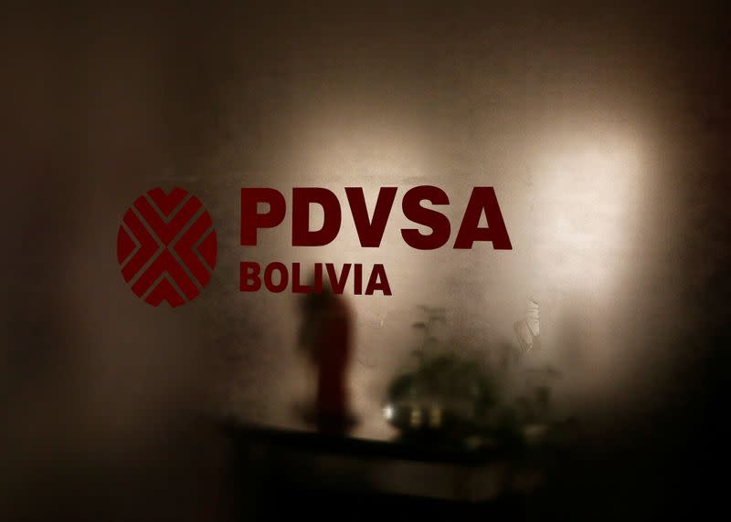 PDVSA logo is seen at their headquarters in La Paz