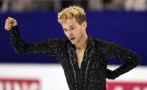 <p>Rippon celebrates after completing his routine in the Men’s Free Skate program at the ISU World Figure Skating Championships 2016 in Boston.<br>(Photo by Maddie Meyer/Getty Images) </p>