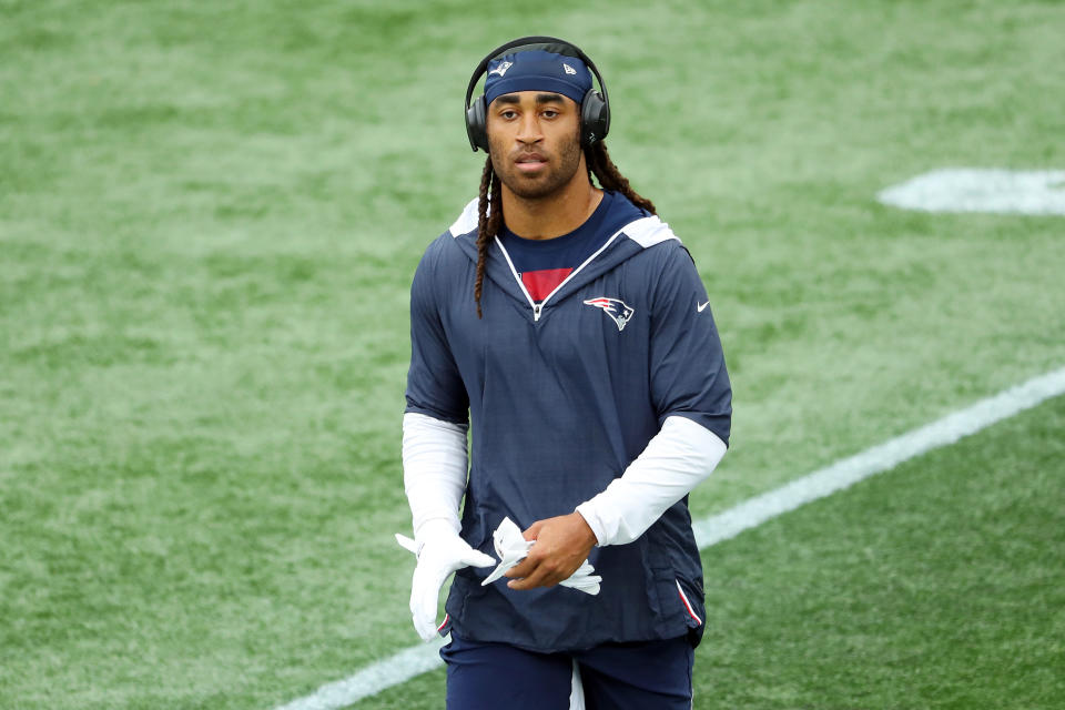 FOXBOROUGH, MASSACHUSETTS - SEPTEMBER 27: Stephon Gilmore #24 of the New England Patriots warms up before the game against the Las Vegas Raiders at Gillette Stadium on September 27, 2020 in Foxborough, Massachusetts. (Photo by Maddie Meyer/Getty Images)