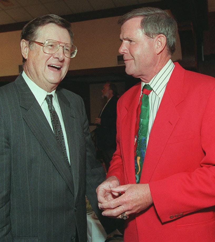 Old coaching adversaries Joe B. Hall, left, and Denny Crum shared a laugh at the Kentucky Athletic Hall of Fame dinner.August 25, 1997