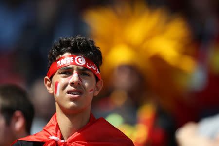 Soccer Football - World Cup - Group G - Belgium vs Tunisia - Spartak Stadium, Moscow, Russia - June 23, 2018 Tunisia fan inside the stadium before the match REUTERS/Carl Recine