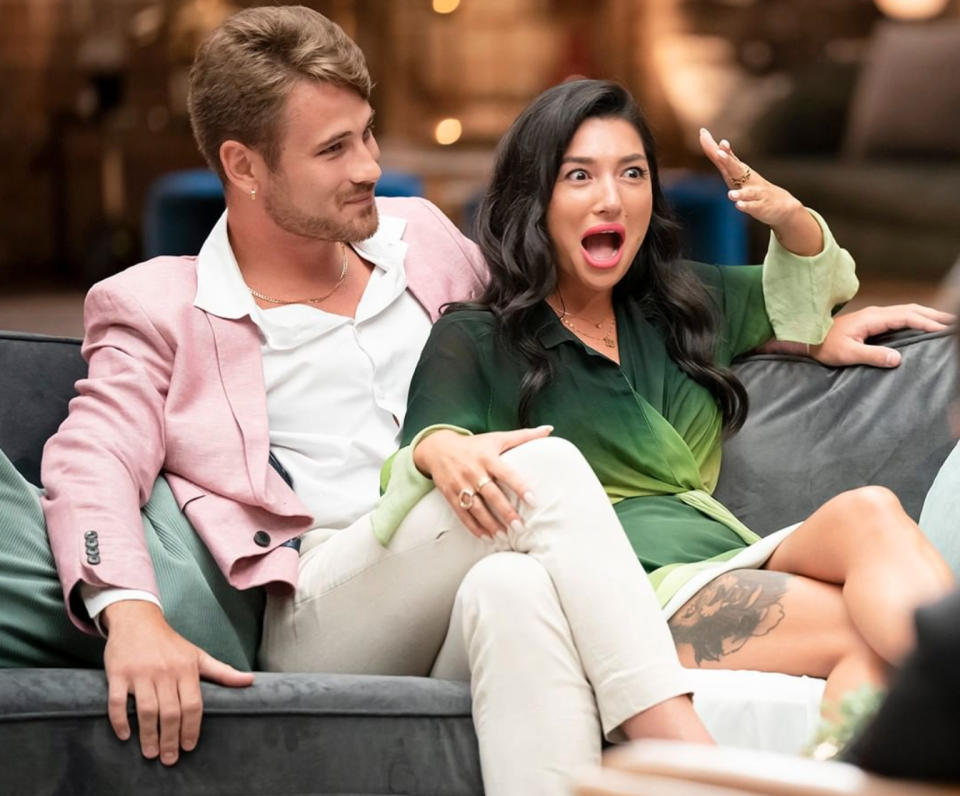 Mitch and Ella from MAFS on the couch