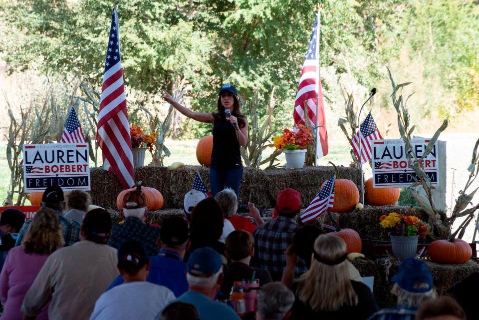 Lauren Boebert, the Republican candidate for the US House of Representatives seat in Colorado’s 3rd Congressional District,  holds a rally on 10 October.AFP via Getty Images