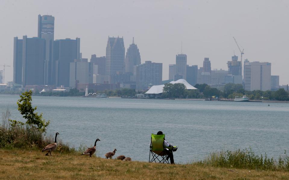 Haze from Canadian wildfire smoke blankets the Detroit skyline, seen here from Belle Isle, on Wednesday, June 7, 2023. Michigan lawmakers say adverse weather events, like the wildfires and severe winter storms in Michigan earlier this year, underscore the need for new legislation focused on combatting climate change.