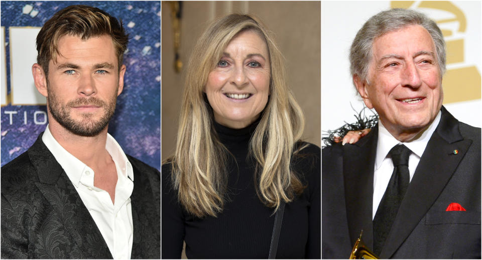 From L-R: Split photo of actor Chris Hemsworth, presenter Fiona Phillips and singer Tony Bennett for Alzheimer's disease article. (Getty Images)