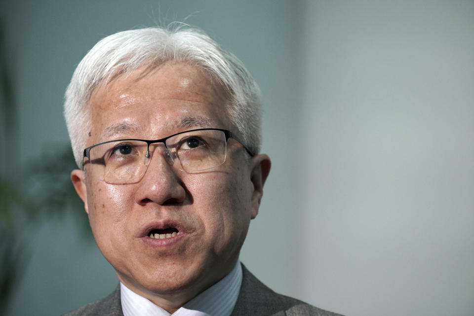 In this March 9, 2019, photo, Toshio Shiraishi, a long time school and orchestra friend of Crown Prince Naruhito speaks during an interview with The Associated Press in Tokyo. Shiraishi, a gray-haired banker who plays the cello, says the crown prince’s choice of instrument - viola - shows a lot about the kind of man he is. (AP Photo/Eugene Hoshiko)