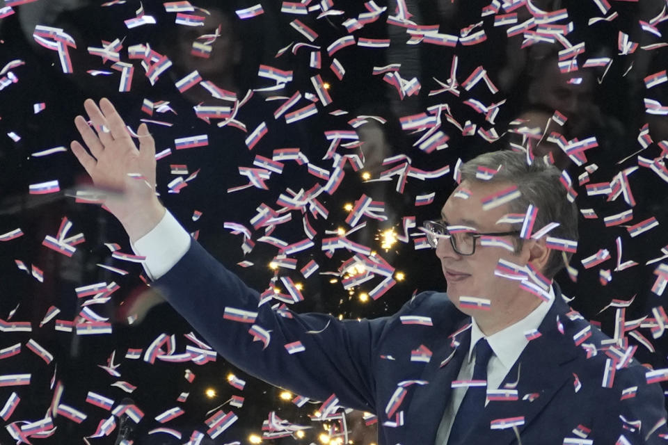 Serbian President Aleksandar Vucic waves to his supporters, during a pre-election rally of his ruling Serbian Progressive Party in Belgrade, Serbia, Saturday, Dec. 2, 2023. When Serbia formally opened membership negotiations with the European Union, back in 2014, it was a moment of hope for pro-Western Serbs, eager to set their troubled country on an irreversible path to democratization. Those days are long gone. Now, they feel betrayed, both by the government and the EU. (AP Photo/Darko Vojinovic)