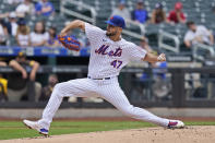 New York Mets starting pitcher Joey Lucchesi throws during the first inning of a baseball game against the San Diego Padres at Citi Field, Sunday, June 13, 2021, in New York. (AP Photo/Seth Wenig)