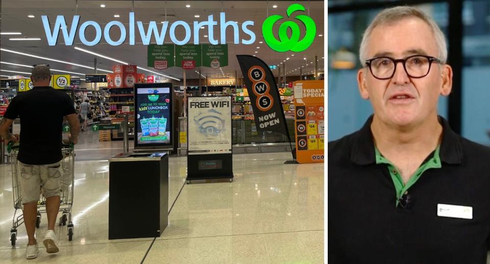 Woolworths CEO Brad Banducci pictured (right) and an entrance to a Woolworths store (left).