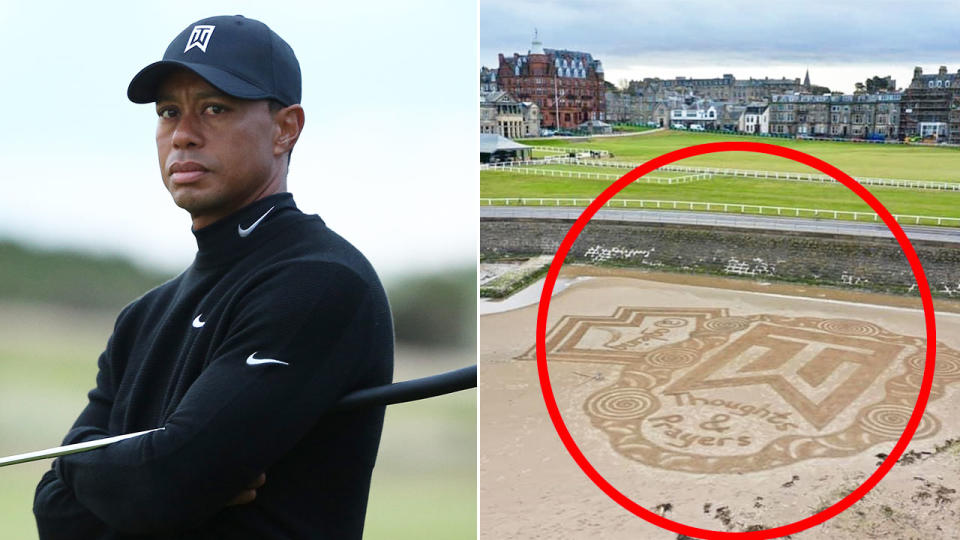 An incredible tribute to Tiger Woods was created at the Saint Andrews Links course in Scotland. Pic: Getty/Twitter