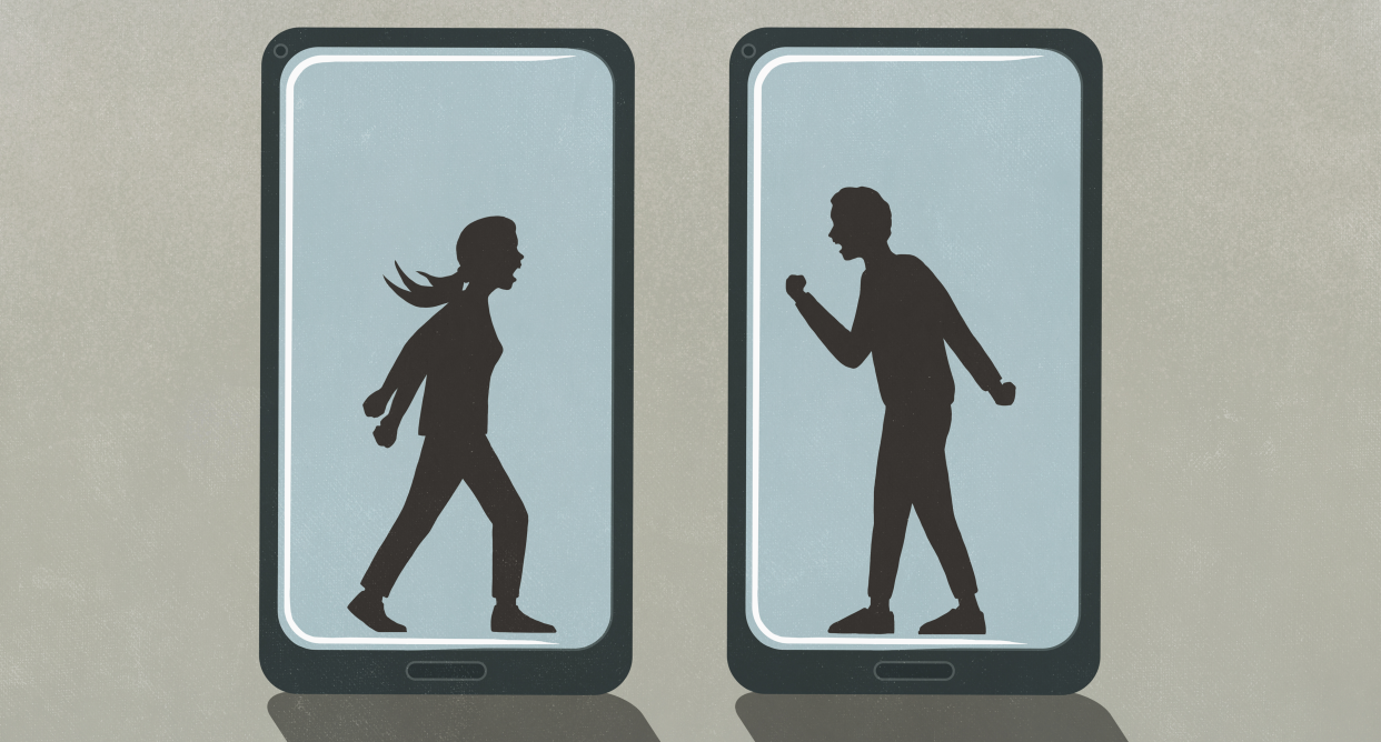 Silhouette of a man and woman pictured on smartphones arguing.
