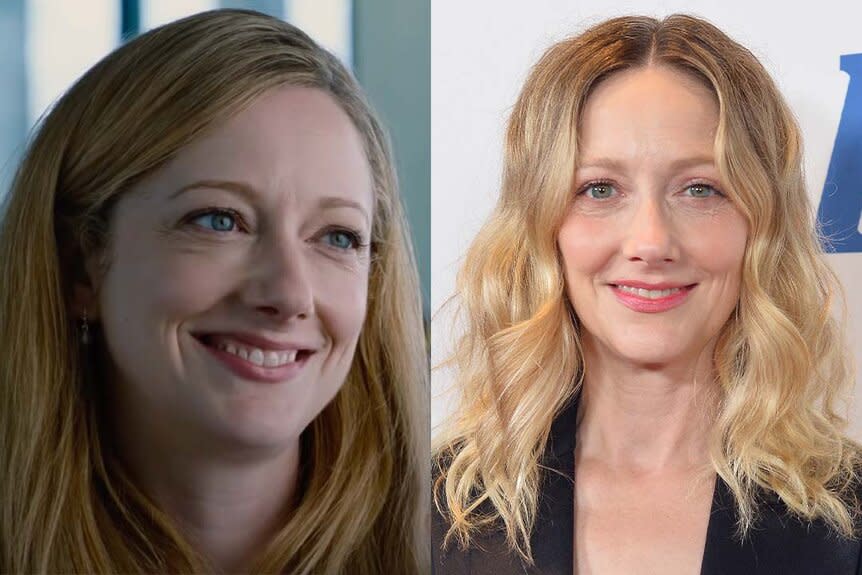 A split of Judy Greer in Jurassic World (2015) and  Judy Greer in 2023.