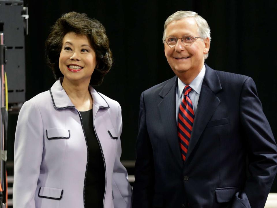 <p>The Lexington Herald-Leader, Pablo Alcala, Pool/AP</p> Mitch McConnell and Elaine Chao in Lexington, Kentucky on October 13, 2014.