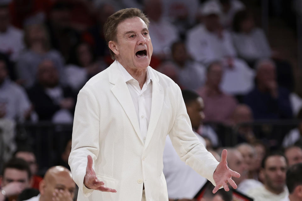 St. John's head coach Rick Pitino reacts against Creighton during the first half of an NCAA college basketball game Sunday, Feb. 25, 2024, in New York. (AP Photo/Adam Hunger)