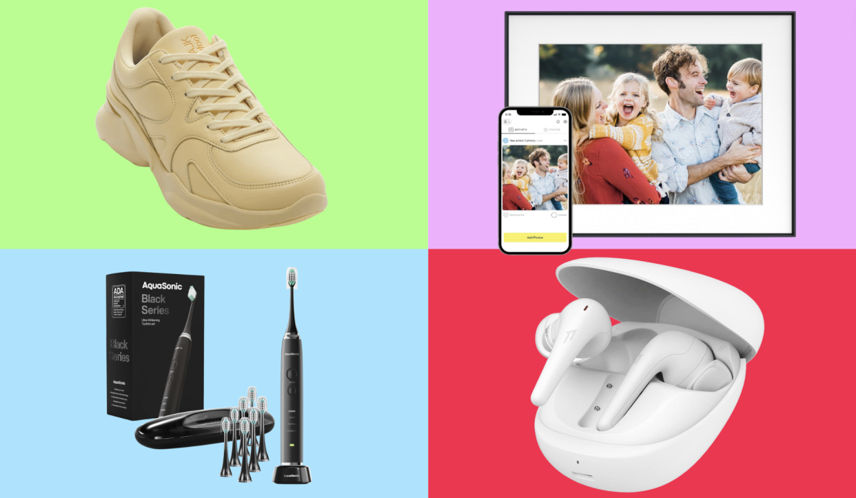 1More earbuds, a digital picture frame, AquaSonic toothbrush and Klaw sneakers on a colorful background. 