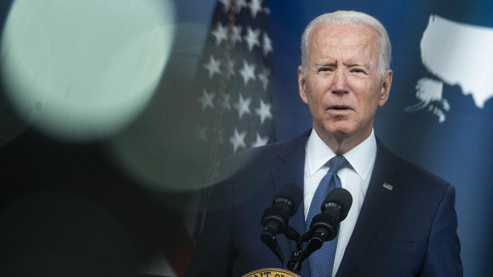 U.S. President Joe Biden speaks in the Eisenhower Executive Office Building in Washington, D.C., U.S., on Tuesday, July 6, 2021. (Sarah Silbiger/UPI/Bloomberg via Getty Images)