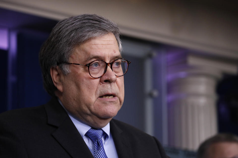 FILE - In this April 1, 2020, file photo, Attorney General William Barr speaks about the coronavirus in the James Brady Press Briefing Room of the White House in Washington. U.S. officials are vowing to “maximize federal law enforcement presence” in the nation’s capital after days of violent demonstrations. (AP Photo/Alex Brandon, File)