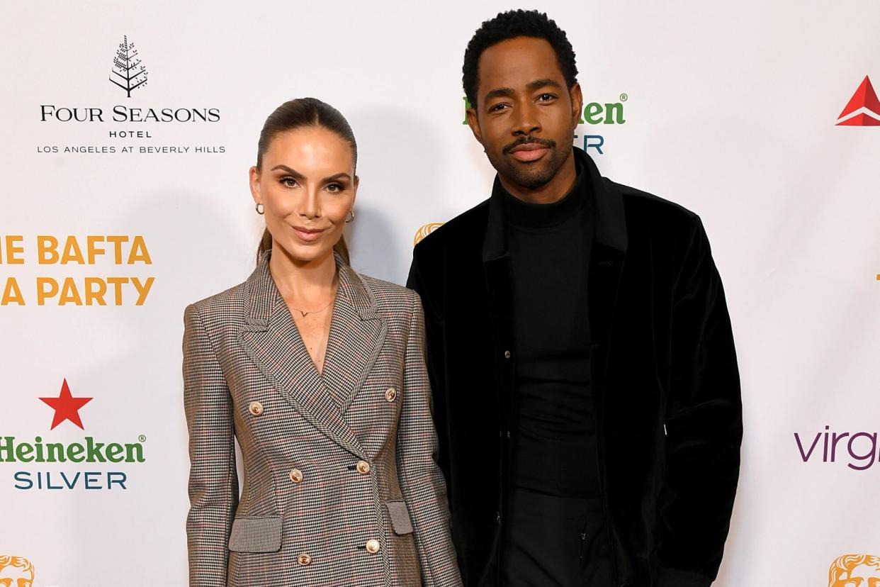 LOS ANGELES, CALIFORNIA - JANUARY 14: (L-R) Nina Senicar and Jay Ellis attend The BAFTA Tea Party at Four Seasons Hotel Los Angeles at Beverly Hills on January 14, 2023 in Los Angeles, California. (Photo by Jon Kopaloff/Getty Images)