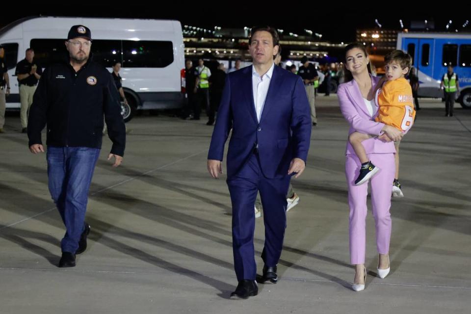 Florida Governor Ron DeSantis greets passengers arriving from Israel on a chartered flight organized by Project Dynamo on Sunday, Oct. 15, 2023 in Tampa. The flight landed at Tampa International Airport with 270 evacuees rescued by Project Dynamo from Israel including 91 children and four dogs.
