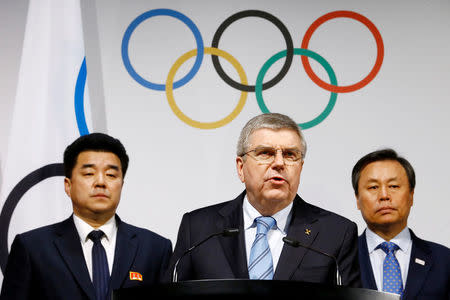 International Olympic Committee (IOC) President Thomas Bach speaks to the press after a meeting with the National Olympic Committee (NOC) of the Republic of Korea (ROK), the NOC of the Democratic People’s Republic of Korea (DPRK), and a delegation from the PyeongChang 2018 Organising Committee (POCOG) at the IOC headquarters in Lausanne, Switzerland, January 20, 2018. REUTERS/Pierre Albouy