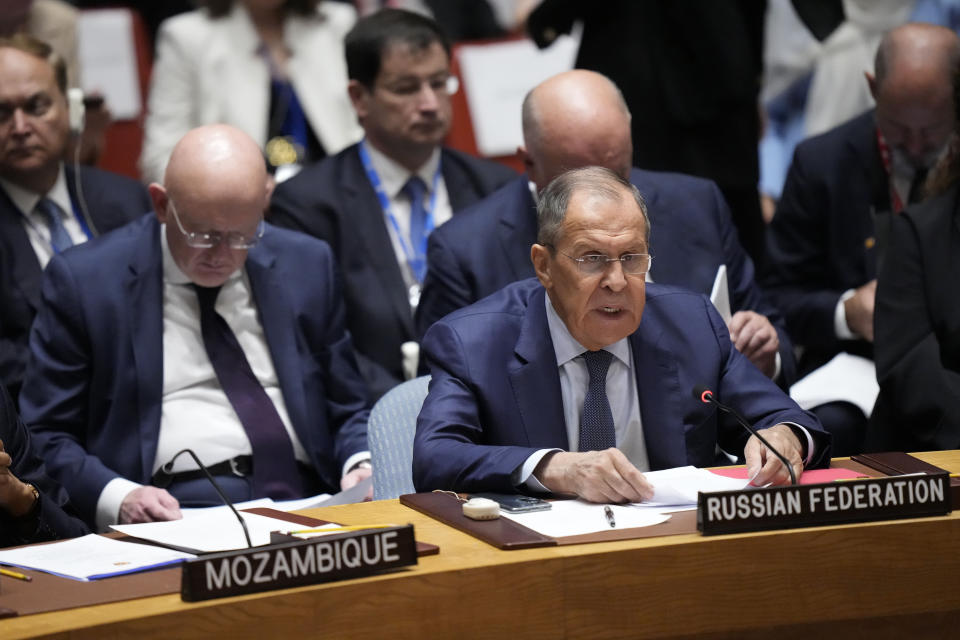 Russian Foreign Minister Sergey Lavrov speaks during a high level Security Council meeting on the situation in Ukraine, Wednesday, Sept. 20, 2023, at United Nations headquarters. (AP Photo/Mary Altaffer)