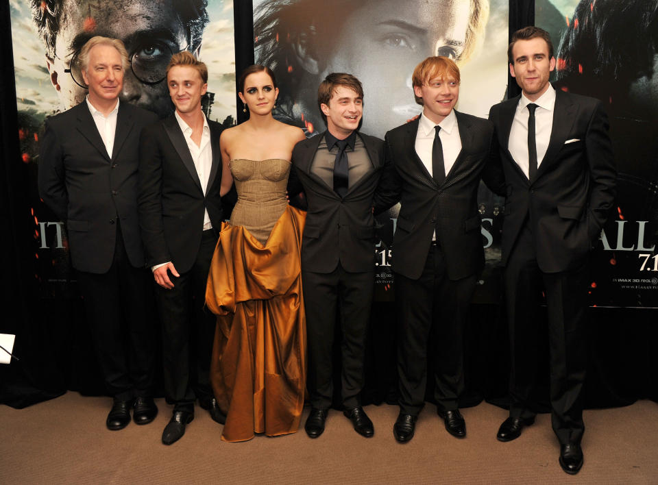 (L-R) Alan Rickman, Tom Felton, Emma Watson, Daniel Radcliffe, Rupert Grint and Matthew Lewis attend the New York premiere of 