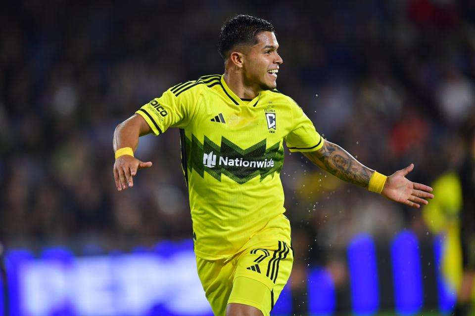 Jul 13, 2024; Los Angeles, California, USA; Columbus Crew forward Cucho Hernandez (9) celebrates after scoring a goal against LAFC in the second half at BMO Stadium. Mandatory Credit: Gary A. Vasquez-USA TODAY Sports