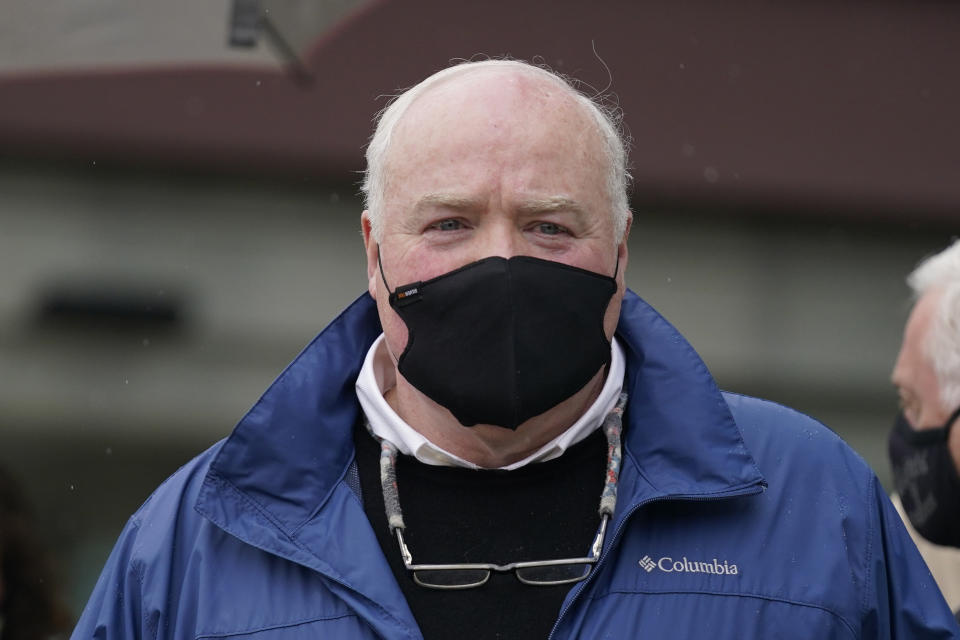 Michael Skakel leaves a courthouse in Stamford, Conn., Friday, Oct. 30, 2020. A Connecticut prosecutor says the Kennedy cousin will not face a second trial in the 1975 murder of teenager Martha Moxley in Greenwich. Chief State's Attorney Richard Colangelo Jr. made the announcement Friday at the state courthouse in Stamford. (AP Photo/Seth Wenig)