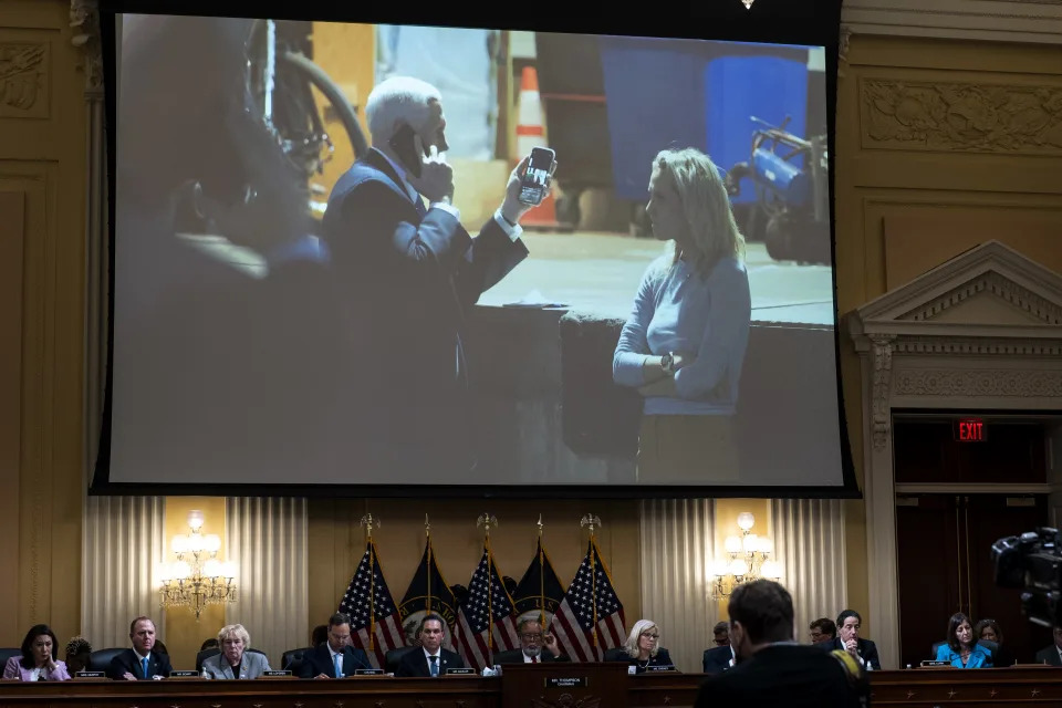 A photograph of former Vice President Mike Pence looking at a tweet by former President Donald Trump while he and his staff took shelter in an undisclosed location is displayed during a hearing of the House Select Committee investigating the Jan. 6 attack on the Capitol at the Capitol in Washington, June 16, 2022. (Doug Mills/The New York Times)