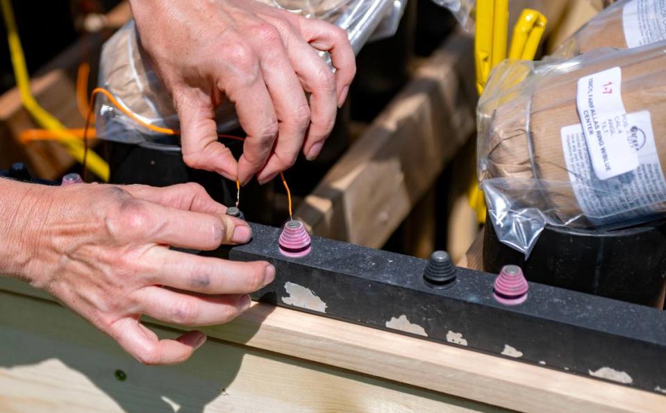 Every firework that will be displayed in the Central PA 4th Fest fireworks show has to be placed in a specific location, wired with an e-match and to a rail that is controlled by a computer system. Because of the size of the show and the manual detailed set up it takes a crew several days to get ready for what viewers will enjoy.