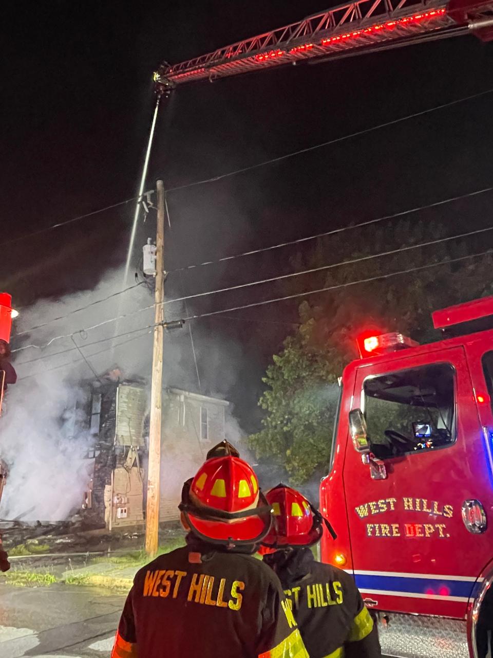 The West Hills Fire Department's aerial ladder truck was called to help fight the fire.