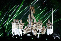 Jennifer Lopez performs during halftime of the NFL Super Bowl 54 football game between the Kansas City Chiefs and the San Francisco 49ers Sunday, Feb. 2, 2020, in Miami Gardens, Fla. (AP Photo/Seth Wenig)