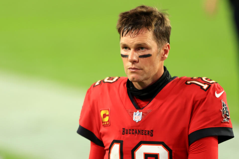 Tom Brady #12 of the Tampa Bay Buccaneers reacts following their game against the Kansas City Chiefs.