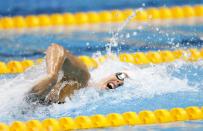 Jul 28, 2012; London, United Kingdom; Natalie Coughlin (USA) competes in her leg of a women's 4x100m freestyle relay heat during the 2012 London Olympic Games at Aquatics Centre. Mandatory Credit: Rob Schumacher-USA TODAY Sports