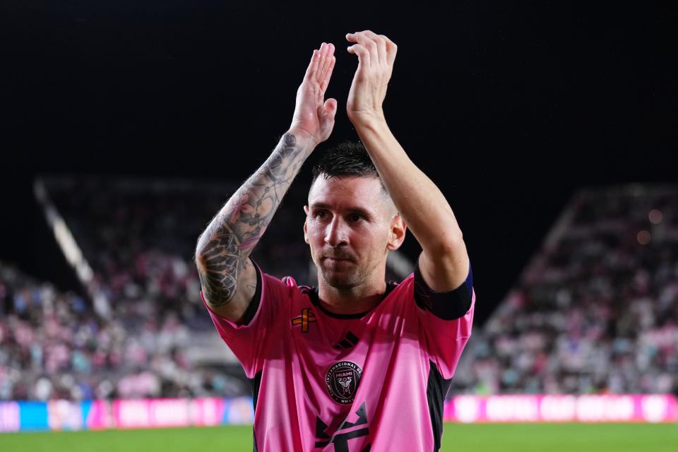 Sep 14, 2024; Fort Lauderdale, Florida, USA; Inter Miami forward Lionel Messi (10) reacts after the match against the Philadelphia Union at Chase Stadium. Mandatory Credit: Rich Storry-Imagn Images