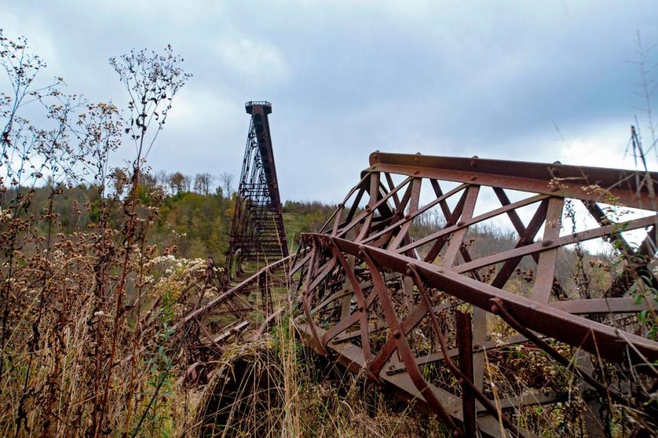 Parts of beams lay on the valley floor at Kinzua Bridge in October 2018. Abby Drey Photography/Abby Drey