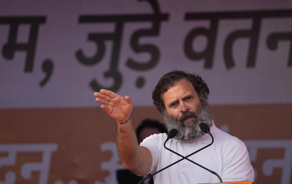 FILE- India's opposition Congress party leader Rahul Gandhi, speaks during a 5-month-long "Unite India March," in Jammu, India, Monday, Jan.23, 2023. An Indian court on Thursday, March 23, 2023 found Gandhi guilty of defamation over his remarks about Prime Minister Narendra Modi’s surname and sentenced him to two years in prison. The case against Gandhi dates back to an election rally in 2019. (AP Photo/Channi Anand, File)