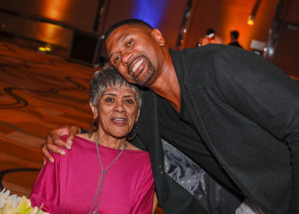 DETROIT, MI - AUGUST 26: Jeanne Rose mother of American professional basketball player, current sports analyst for ESPN, and cofounder of the Jalen Rose Leadership Academy Jalen Rose (R) attend the Jalen Rose Leadership Academy Red Carpet & Gala presented by MGM Grand Detroit  at MGM Detroit Grand Ballroom on August 26, 2018 in Detroit, Michigan.  (Photo by Scott Legato/Getty Images for Jalen Rose Leadership Academy (PGD Global Event))