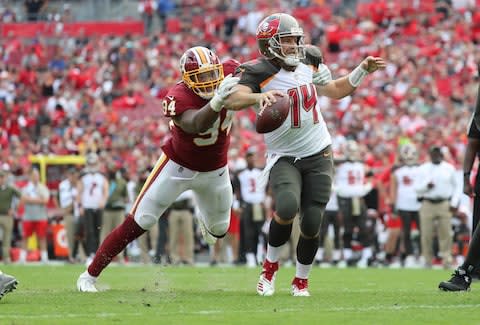 Washington Redskins at Tampa Bay Buccaneers Original description: Nov 11, 2018; Tampa, FL, USA;Washington Redskins outside linebacker Preston Smith (94) sacks Tampa Bay Buccaneers quarterback Ryan Fitzpatrick (14) and forces a fumble during the second half at Raymond James Stadium - Credit: Kim Klement/USA Today